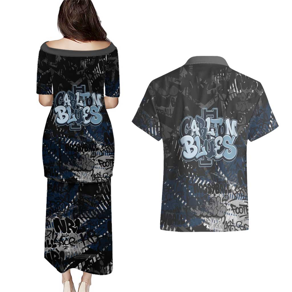 Carlton Blues Couples Matching Puletasi and Hawaiian Shirt Urban Graffiti Street Art - Bold Abstract Spray Paint