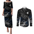 Carlton Blues Couples Matching Puletasi and Long Sleeve Button Shirt Urban Graffiti Street Art - Bold Abstract Spray Paint