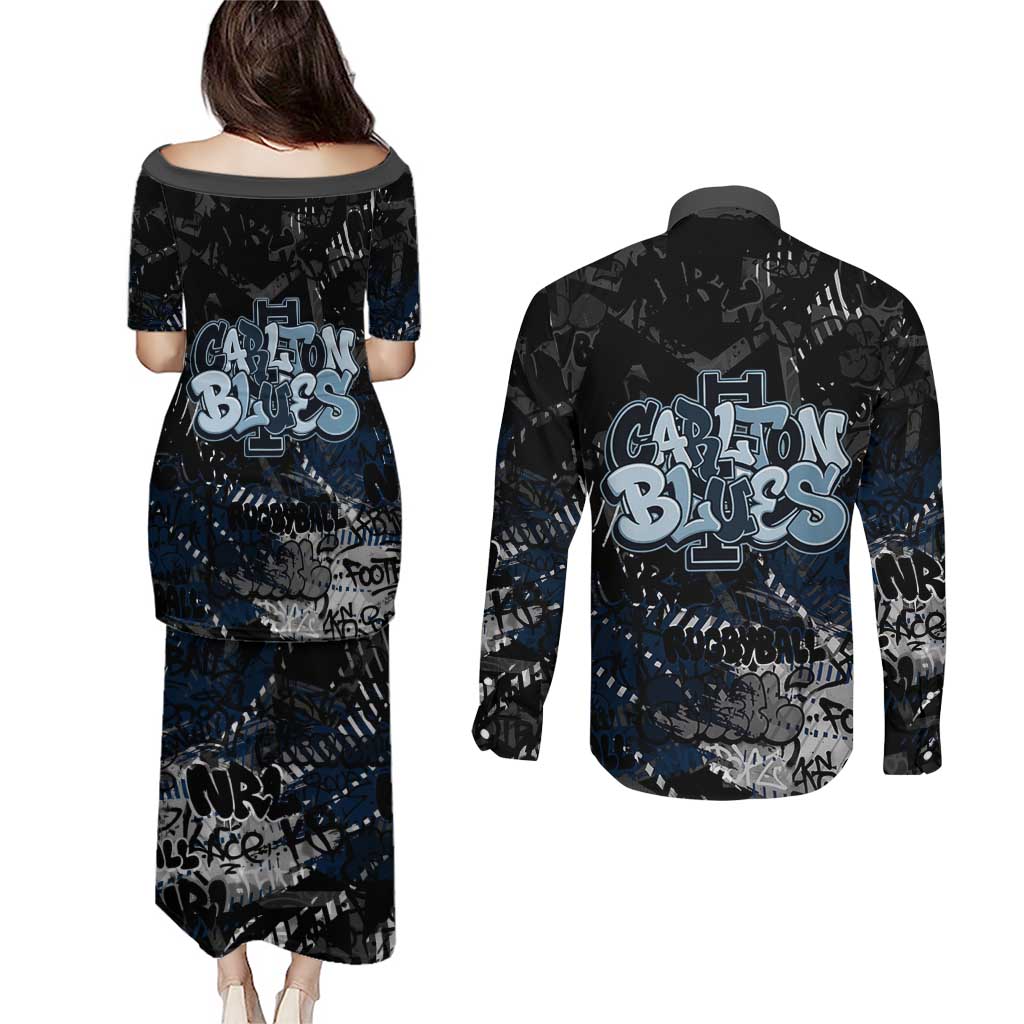Carlton Blues Couples Matching Puletasi and Long Sleeve Button Shirt Urban Graffiti Street Art - Bold Abstract Spray Paint