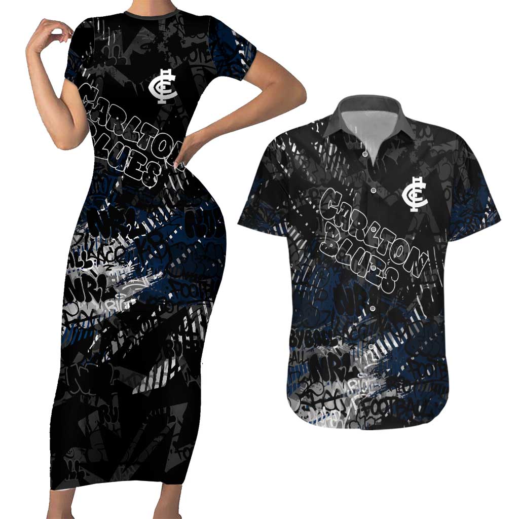Carlton Blues Couples Matching Short Sleeve Bodycon Dress and Hawaiian Shirt Urban Graffiti Street Art - Bold Abstract Spray Paint