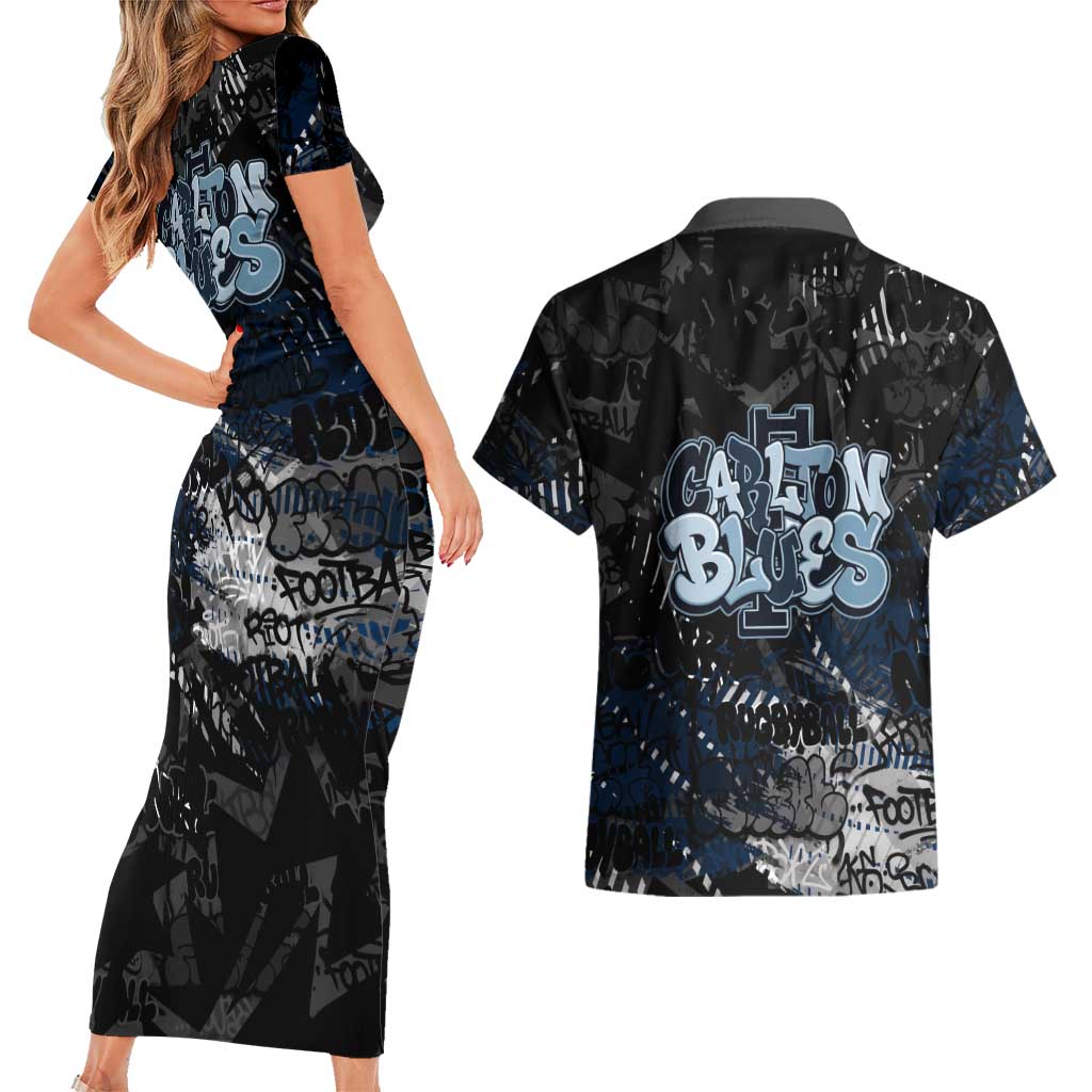 Carlton Blues Couples Matching Short Sleeve Bodycon Dress and Hawaiian Shirt Urban Graffiti Street Art - Bold Abstract Spray Paint
