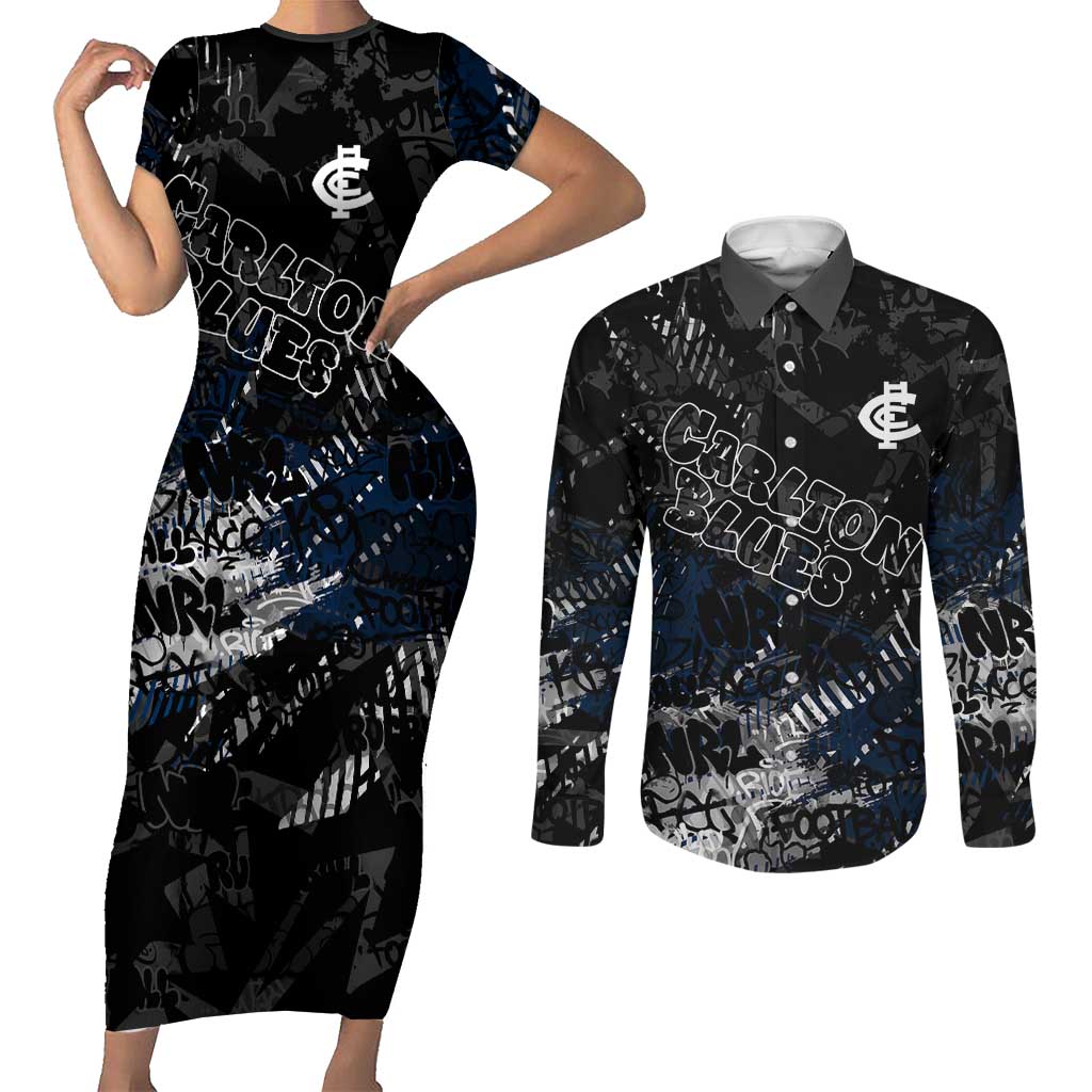 Carlton Blues Couples Matching Short Sleeve Bodycon Dress and Long Sleeve Button Shirt Urban Graffiti Street Art - Bold Abstract Spray Paint