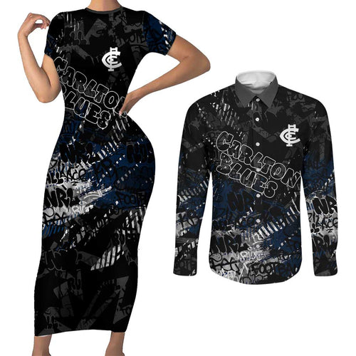 Carlton Blues Couples Matching Short Sleeve Bodycon Dress and Long Sleeve Button Shirt Urban Graffiti Street Art - Bold Abstract Spray Paint