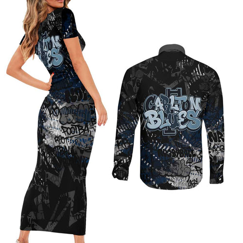 Carlton Blues Couples Matching Short Sleeve Bodycon Dress and Long Sleeve Button Shirt Urban Graffiti Street Art - Bold Abstract Spray Paint