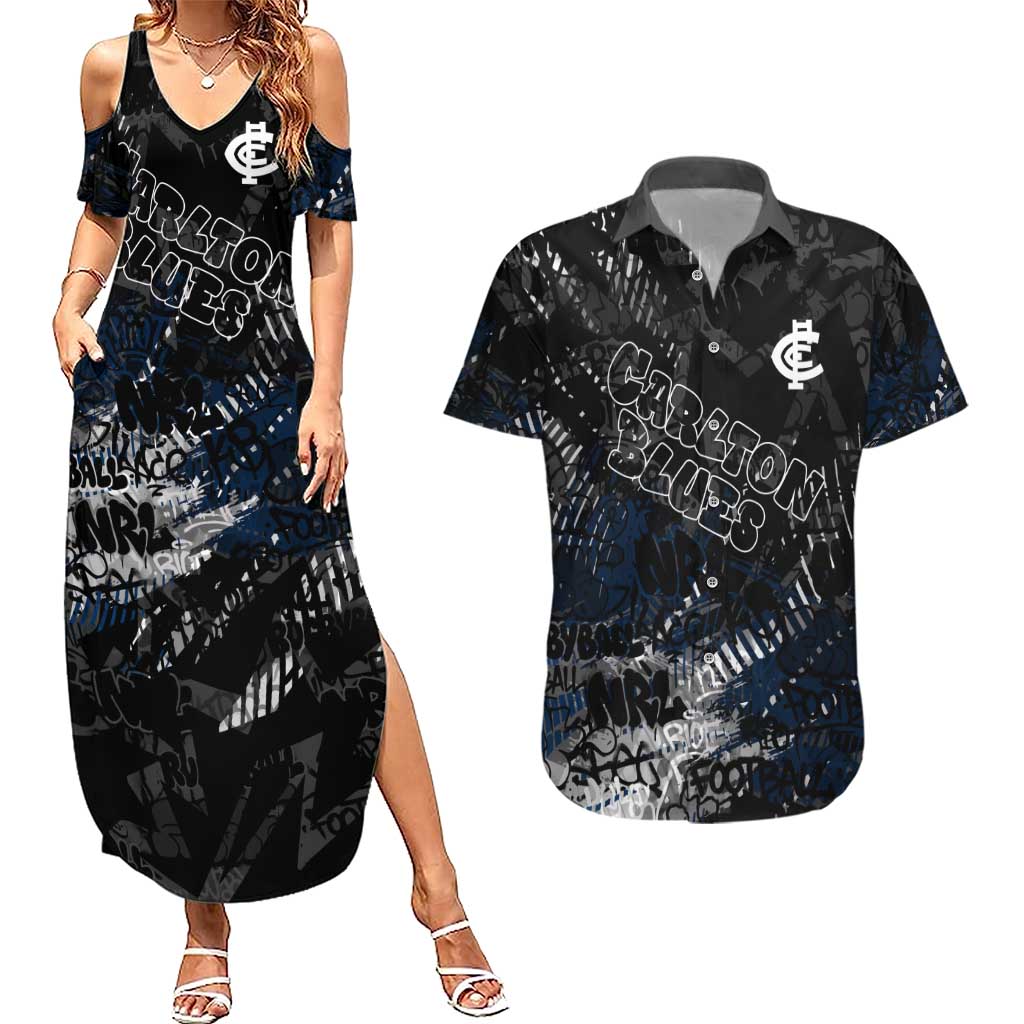 Carlton Blues Couples Matching Summer Maxi Dress and Hawaiian Shirt Urban Graffiti Street Art - Bold Abstract Spray Paint