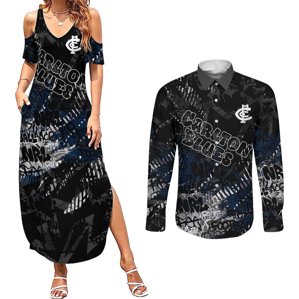 Carlton Blues Couples Matching Summer Maxi Dress and Long Sleeve Button Shirt Urban Graffiti Street Art - Bold Abstract Spray Paint