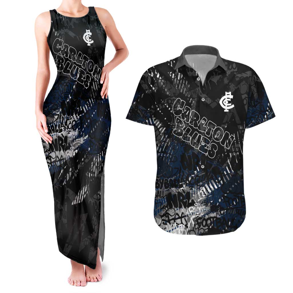 Carlton Blues Couples Matching Tank Maxi Dress and Hawaiian Shirt Urban Graffiti Street Art - Bold Abstract Spray Paint