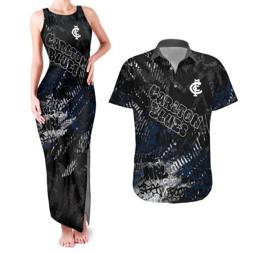 Carlton Blues Couples Matching Tank Maxi Dress and Hawaiian Shirt Urban Graffiti Street Art - Bold Abstract Spray Paint