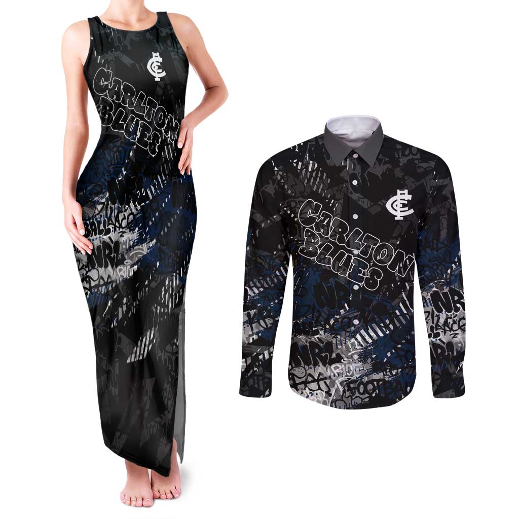 Carlton Blues Couples Matching Tank Maxi Dress and Long Sleeve Button Shirt Urban Graffiti Street Art - Bold Abstract Spray Paint