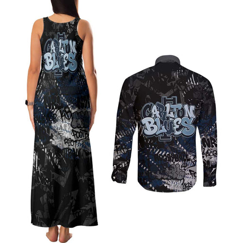 Carlton Blues Couples Matching Tank Maxi Dress and Long Sleeve Button Shirt Urban Graffiti Street Art - Bold Abstract Spray Paint