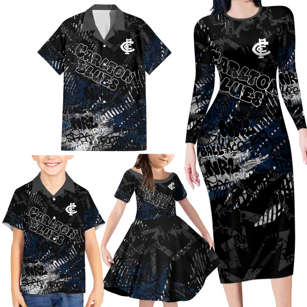 Carlton Blues Family Matching Long Sleeve Bodycon Dress and Hawaiian Shirt Urban Graffiti Street Art - Bold Abstract Spray Paint