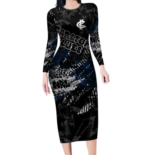 Carlton Blues Family Matching Long Sleeve Bodycon Dress and Hawaiian Shirt Urban Graffiti Street Art - Bold Abstract Spray Paint