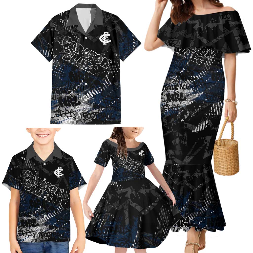 Carlton Blues Family Matching Mermaid Dress and Hawaiian Shirt Urban Graffiti Street Art - Bold Abstract Spray Paint