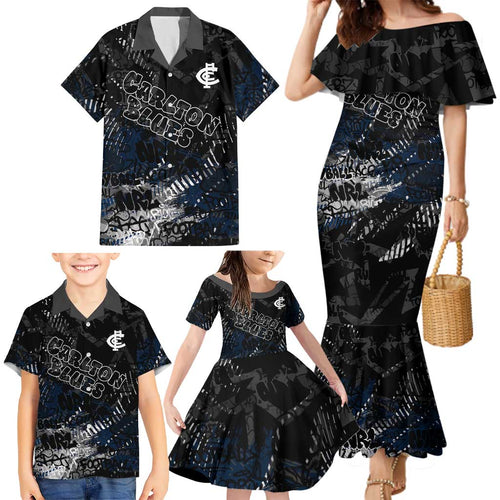 Carlton Blues Family Matching Mermaid Dress and Hawaiian Shirt Urban Graffiti Street Art - Bold Abstract Spray Paint