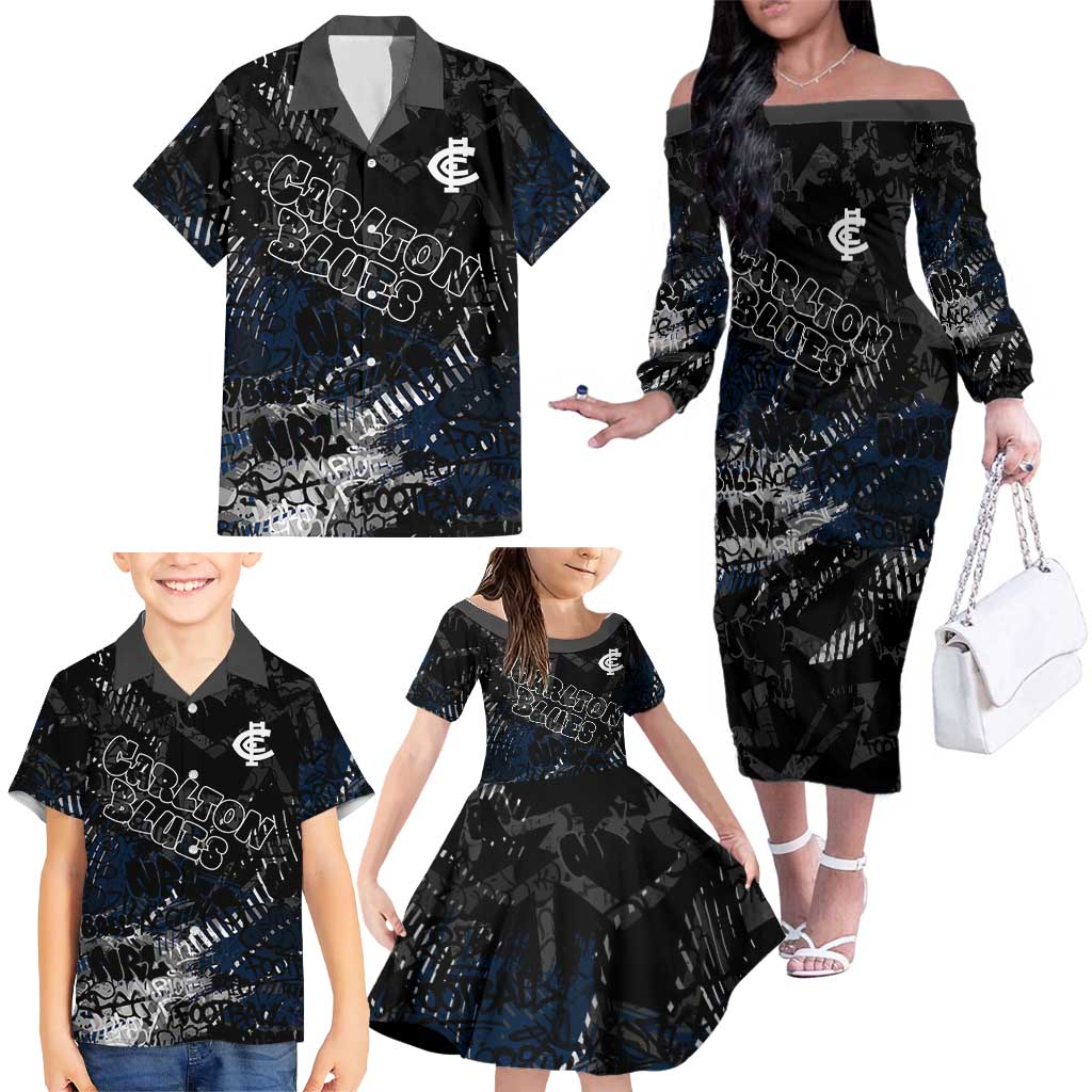 Carlton Blues Family Matching Off The Shoulder Long Sleeve Dress and Hawaiian Shirt Urban Graffiti Street Art - Bold Abstract Spray Paint