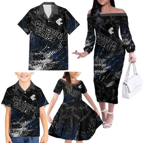 Carlton Blues Family Matching Off The Shoulder Long Sleeve Dress and Hawaiian Shirt Urban Graffiti Street Art - Bold Abstract Spray Paint