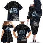Carlton Blues Family Matching Off The Shoulder Long Sleeve Dress and Hawaiian Shirt Urban Graffiti Street Art - Bold Abstract Spray Paint
