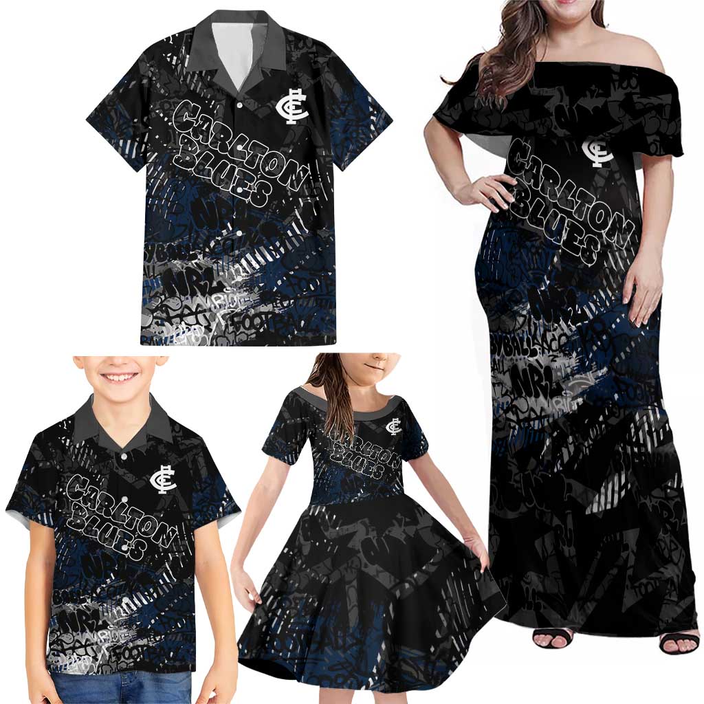 Carlton Blues Family Matching Off Shoulder Maxi Dress and Hawaiian Shirt Urban Graffiti Street Art - Bold Abstract Spray Paint