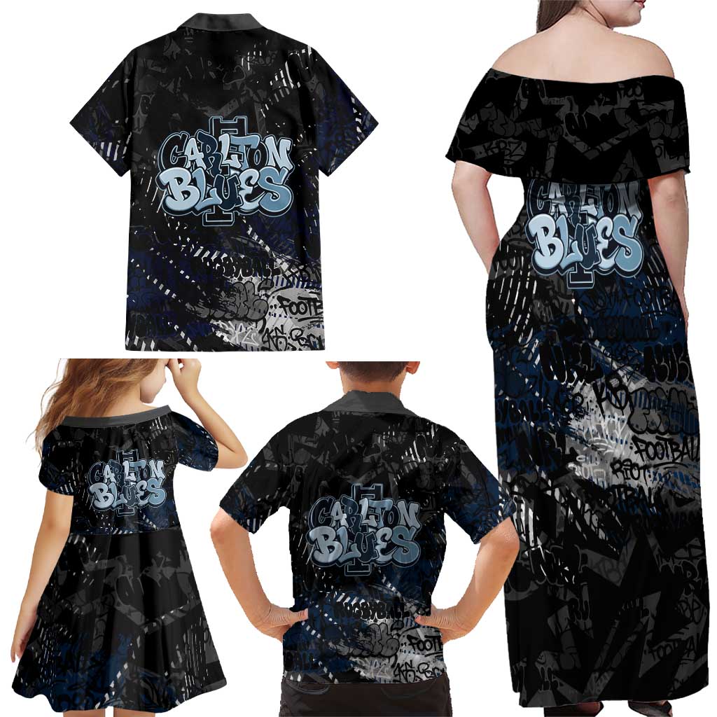 Carlton Blues Family Matching Off Shoulder Maxi Dress and Hawaiian Shirt Urban Graffiti Street Art - Bold Abstract Spray Paint