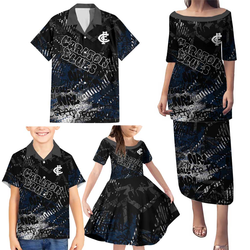 Carlton Blues Family Matching Puletasi and Hawaiian Shirt Urban Graffiti Street Art - Bold Abstract Spray Paint