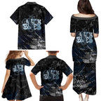 Carlton Blues Family Matching Puletasi and Hawaiian Shirt Urban Graffiti Street Art - Bold Abstract Spray Paint