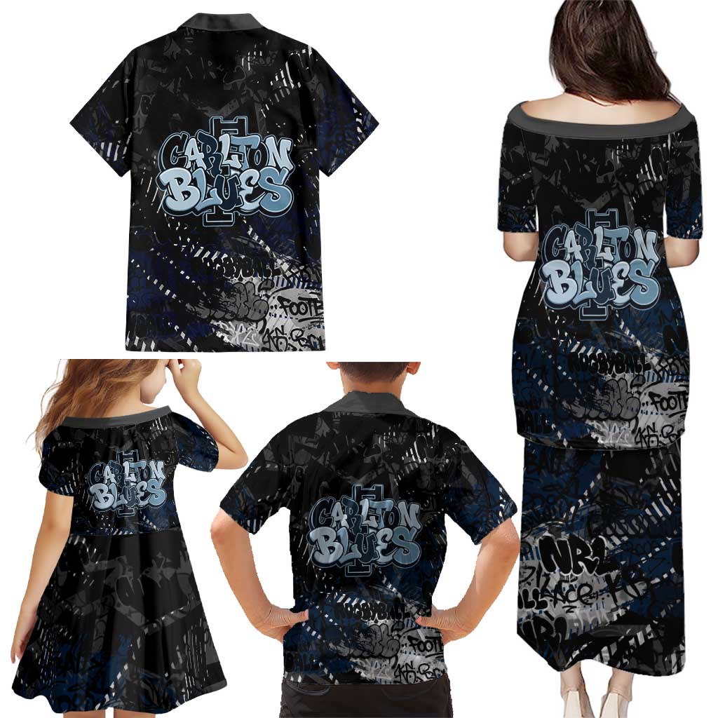 Carlton Blues Family Matching Puletasi and Hawaiian Shirt Urban Graffiti Street Art - Bold Abstract Spray Paint