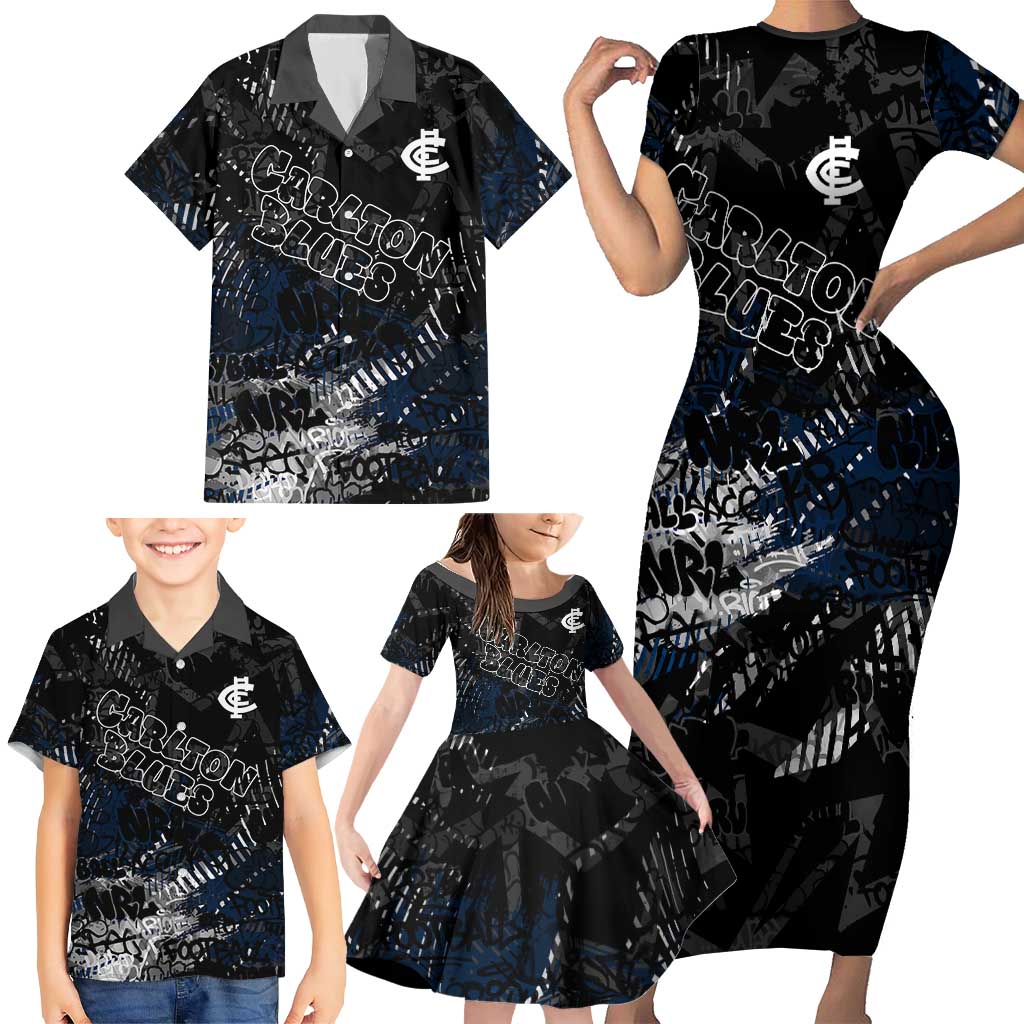 Carlton Blues Family Matching Short Sleeve Bodycon Dress and Hawaiian Shirt Urban Graffiti Street Art - Bold Abstract Spray Paint