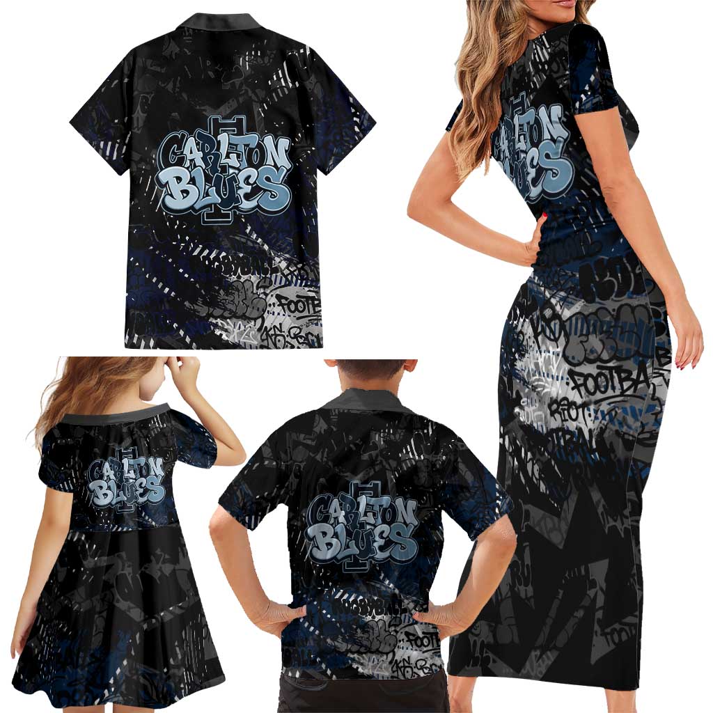 Carlton Blues Family Matching Short Sleeve Bodycon Dress and Hawaiian Shirt Urban Graffiti Street Art - Bold Abstract Spray Paint