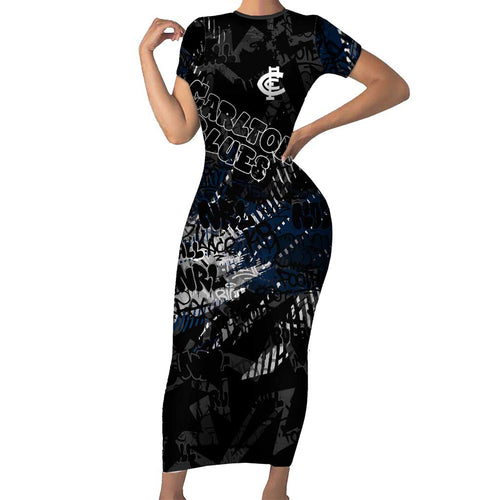 Carlton Blues Family Matching Short Sleeve Bodycon Dress and Hawaiian Shirt Urban Graffiti Street Art - Bold Abstract Spray Paint