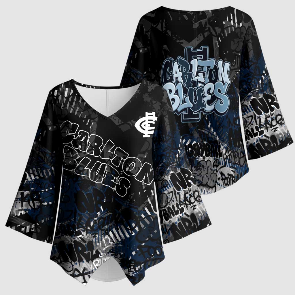 Carlton Blues Kimono Sleeve Blouse Urban Graffiti Street Art - Bold Abstract Spray Paint
