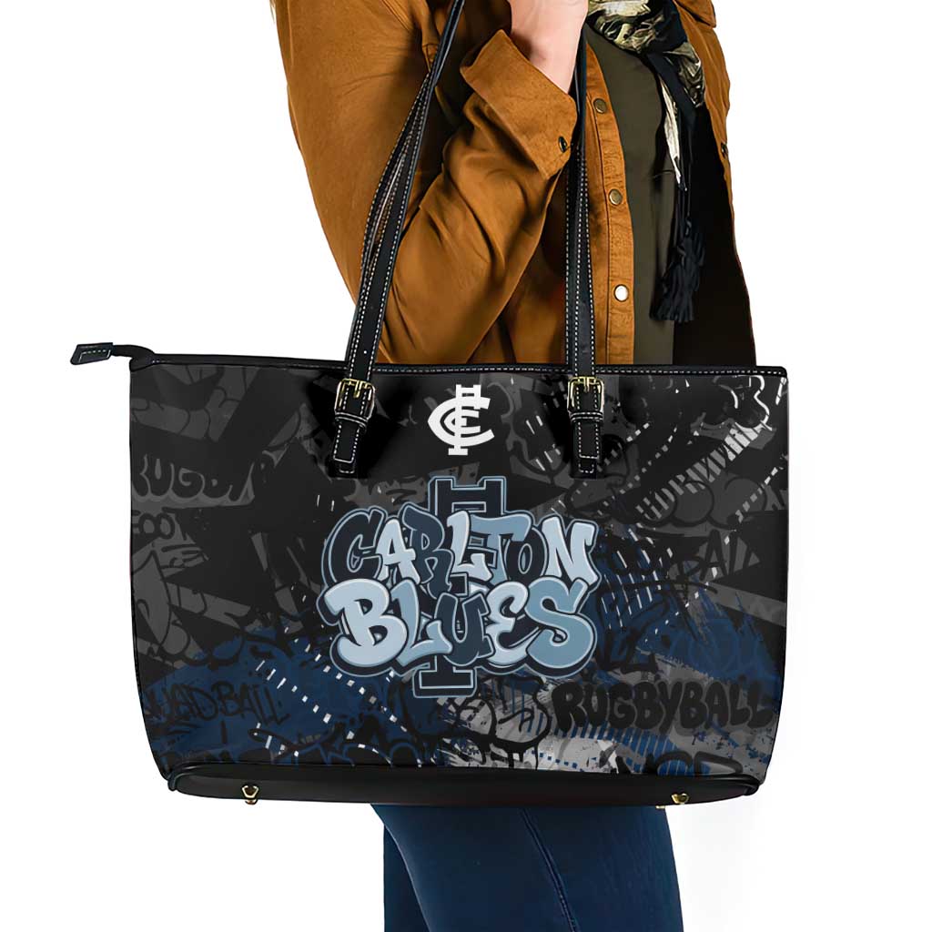 Carlton Blues Leather Tote Bag Urban Graffiti Street Art - Bold Abstract Spray Paint