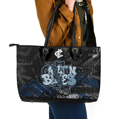 Carlton Blues Leather Tote Bag Urban Graffiti Street Art - Bold Abstract Spray Paint