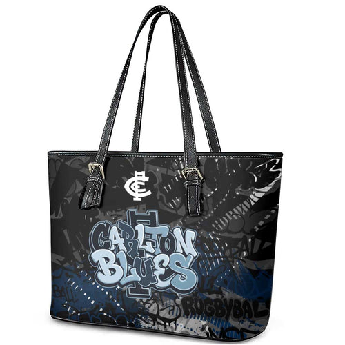 Carlton Blues Leather Tote Bag Urban Graffiti Street Art - Bold Abstract Spray Paint