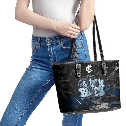 Carlton Blues Leather Tote Bag Urban Graffiti Street Art - Bold Abstract Spray Paint