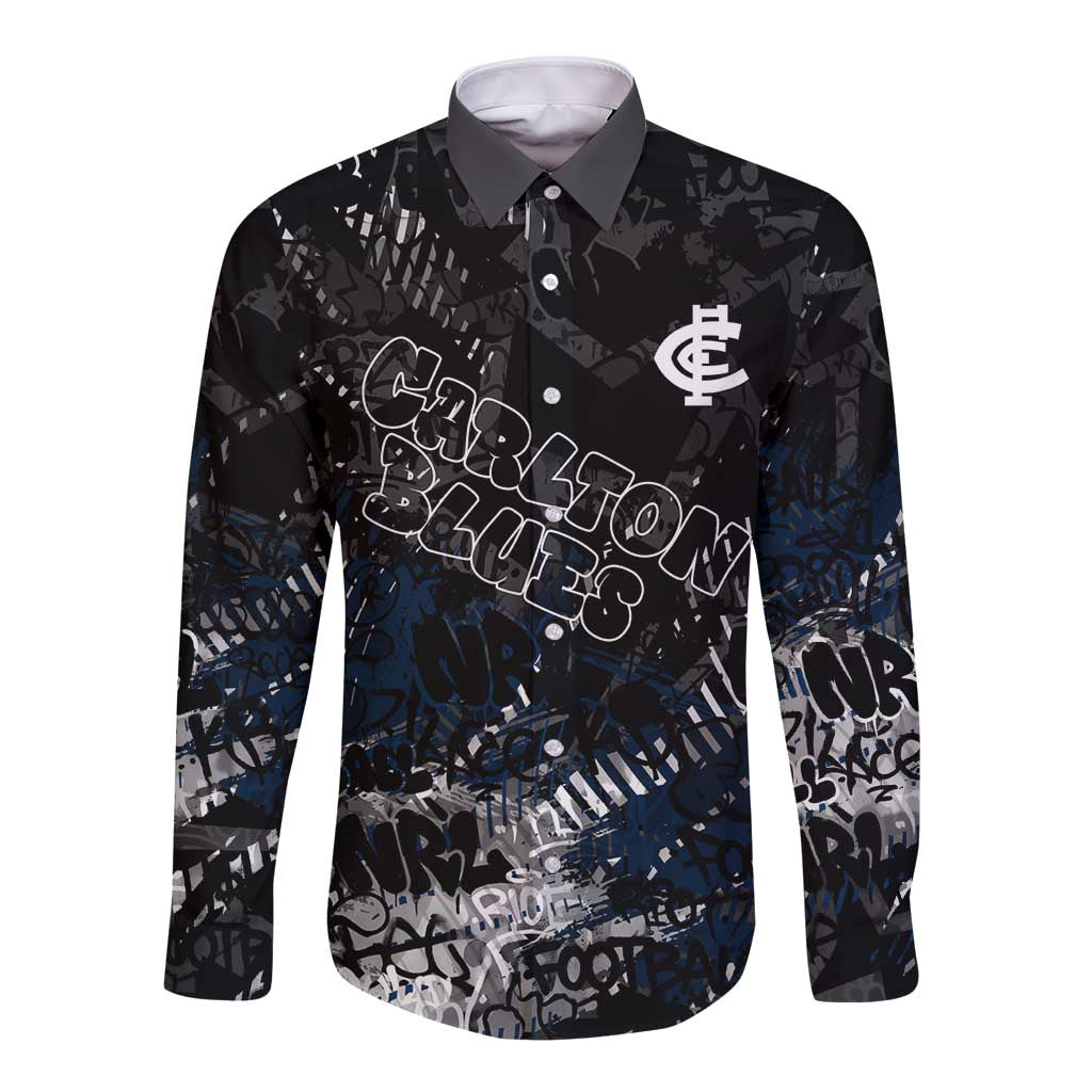 Carlton Blues Long Sleeve Button Shirt Urban Graffiti Street Art - Bold Abstract Spray Paint