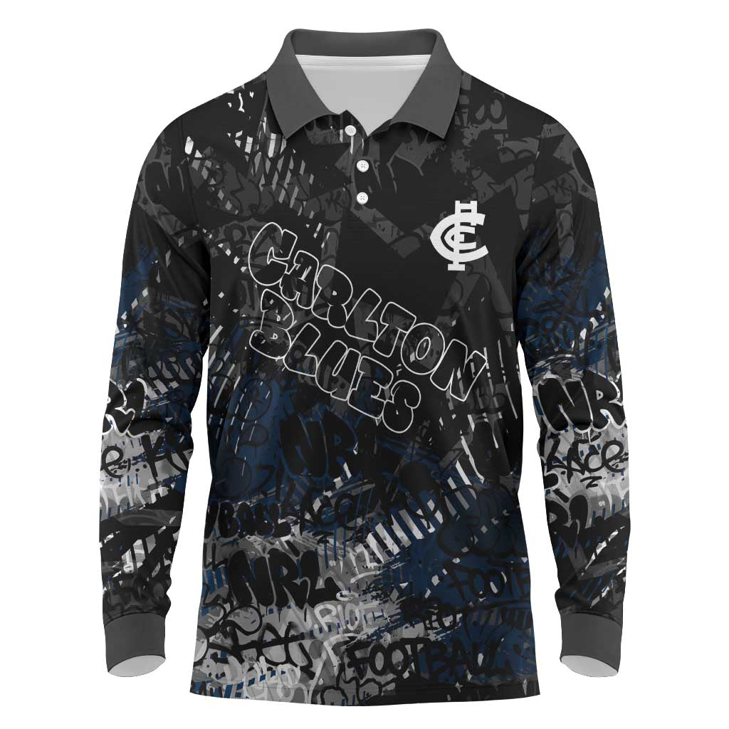 Carlton Blues Long Sleeve Polo Shirt Urban Graffiti Street Art - Bold Abstract Spray Paint