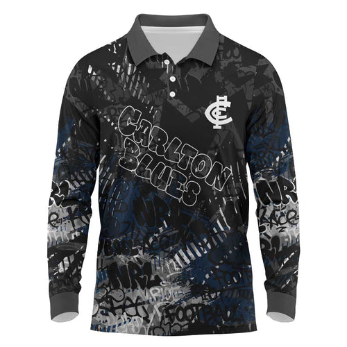 Carlton Blues Long Sleeve Polo Shirt Urban Graffiti Street Art - Bold Abstract Spray Paint