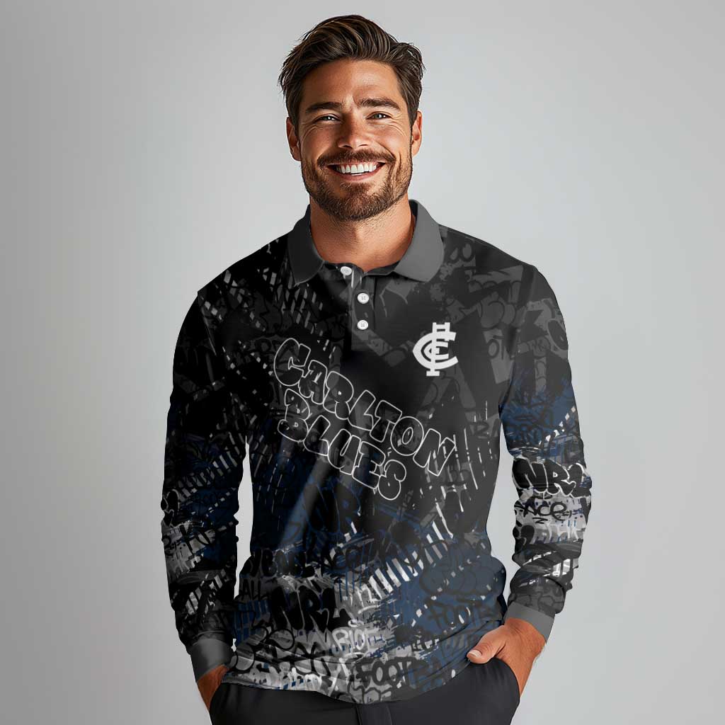 Carlton Blues Long Sleeve Polo Shirt Urban Graffiti Street Art - Bold Abstract Spray Paint