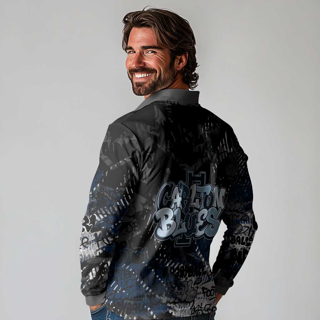 Carlton Blues Long Sleeve Polo Shirt Urban Graffiti Street Art - Bold Abstract Spray Paint