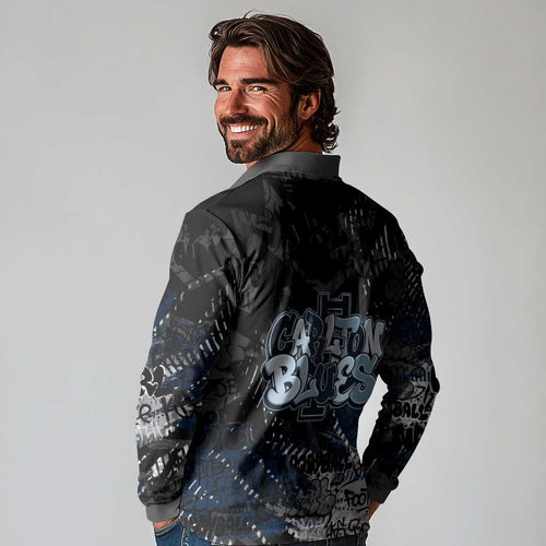Carlton Blues Long Sleeve Polo Shirt Urban Graffiti Street Art - Bold Abstract Spray Paint