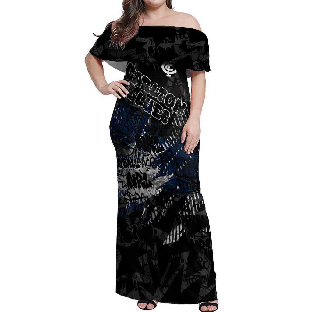 Carlton Blues Off Shoulder Maxi Dress Urban Graffiti Street Art - Bold Abstract Spray Paint