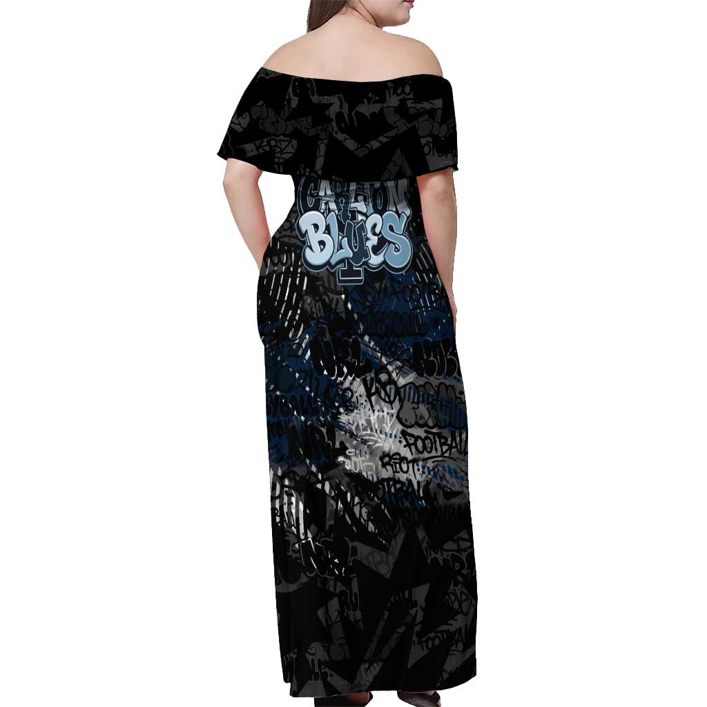 Carlton Blues Off Shoulder Maxi Dress Urban Graffiti Street Art - Bold Abstract Spray Paint