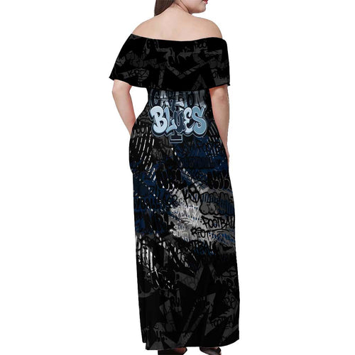 Carlton Blues Off Shoulder Maxi Dress Urban Graffiti Street Art - Bold Abstract Spray Paint