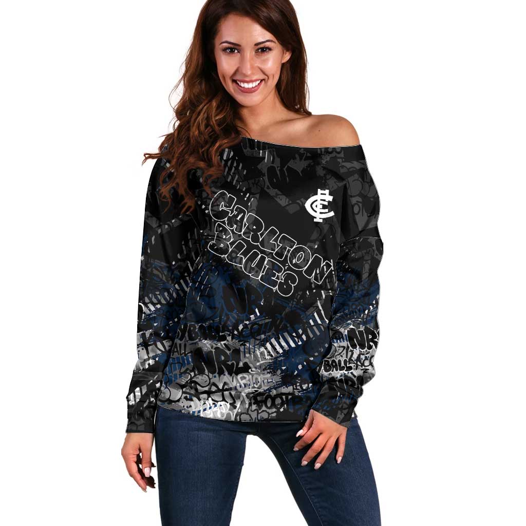 Carlton Blues Off Shoulder Sweater Urban Graffiti Street Art - Bold Abstract Spray Paint