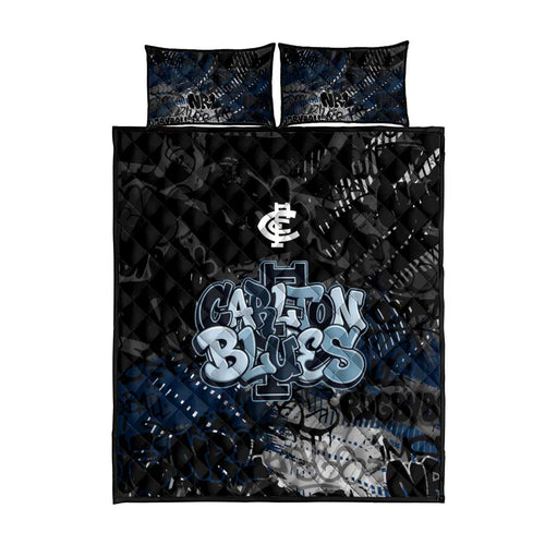 Carlton Blues Quilt Bed Set Urban Graffiti Street Art - Bold Abstract Spray Paint