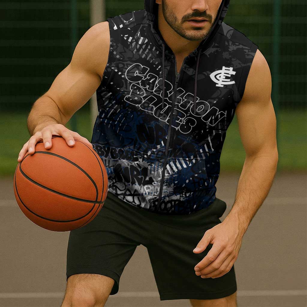 Carlton Blues Sleeveless Zip Hoodie Urban Graffiti Street Art - Bold Abstract Spray Paint