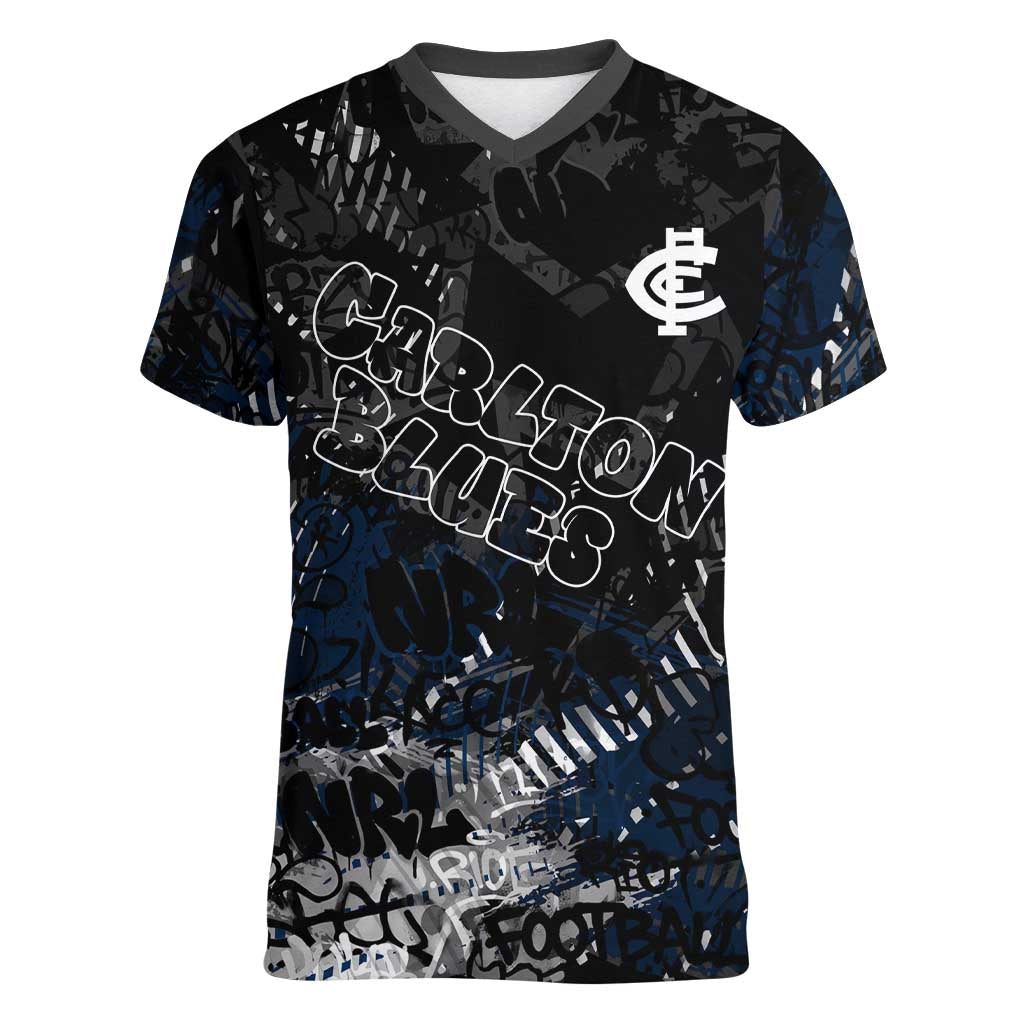 Carlton Blues Women V-Neck T-Shirt Urban Graffiti Street Art - Bold Abstract Spray Paint
