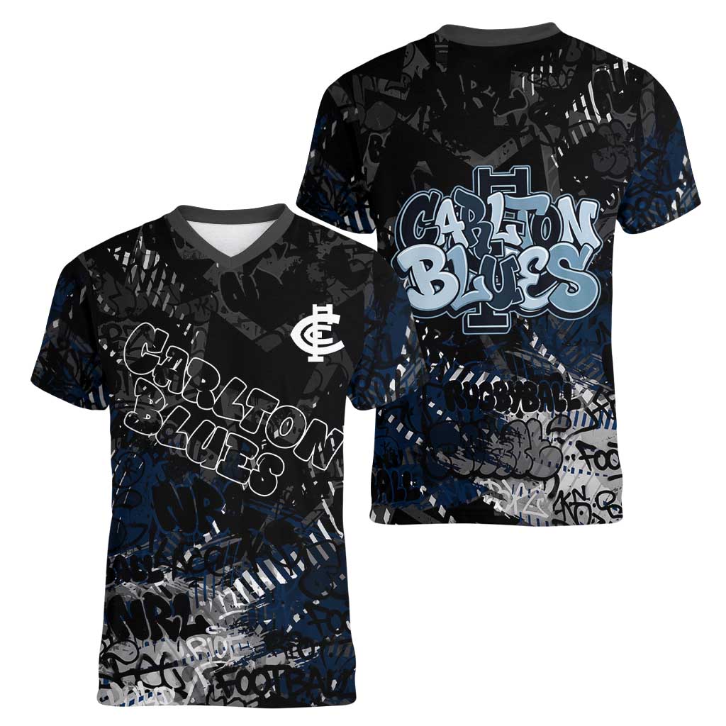 Carlton Blues Women V-Neck T-Shirt Urban Graffiti Street Art - Bold Abstract Spray Paint