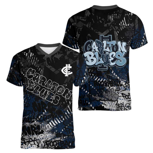 Carlton Blues Women V-Neck T-Shirt Urban Graffiti Street Art - Bold Abstract Spray Paint