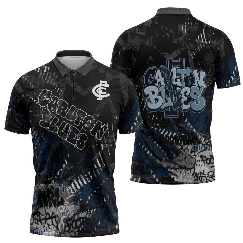 Carlton Blues Zipper Polo Shirt Urban Graffiti Street Art - Bold Abstract Spray Paint